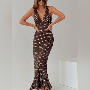 Princess Polly - Nellie Maxi Dress Brown Polka Dot